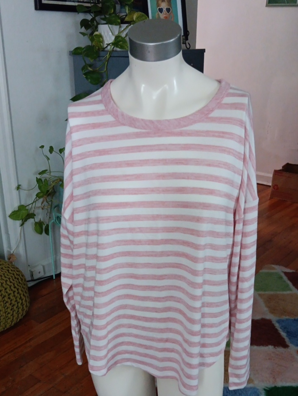 Time and Tru Striped Crewneck Top - Blush and White